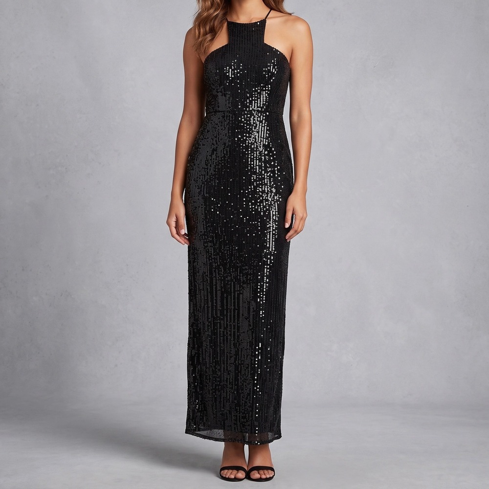 Adrianna Papell Sequin Maxi Column Dress Formal High Neck Sleeveless Size 14